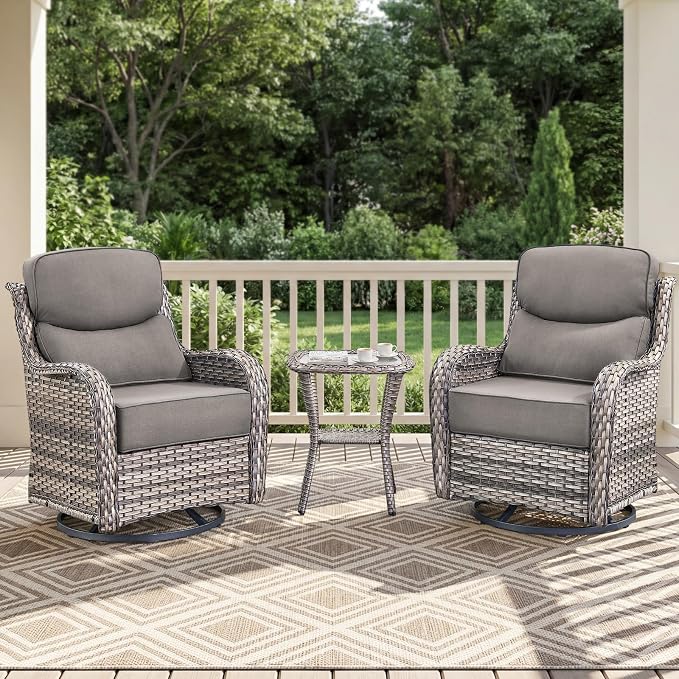 Luxury Swivel Rocker Chairs Set with 6" Thick Cushion 3 piece Wicker Outdoor Swivel Rocker Patio Chair with Side Table High Back Comfortable Outdoor Patio Furniture Set - Gery | Gery