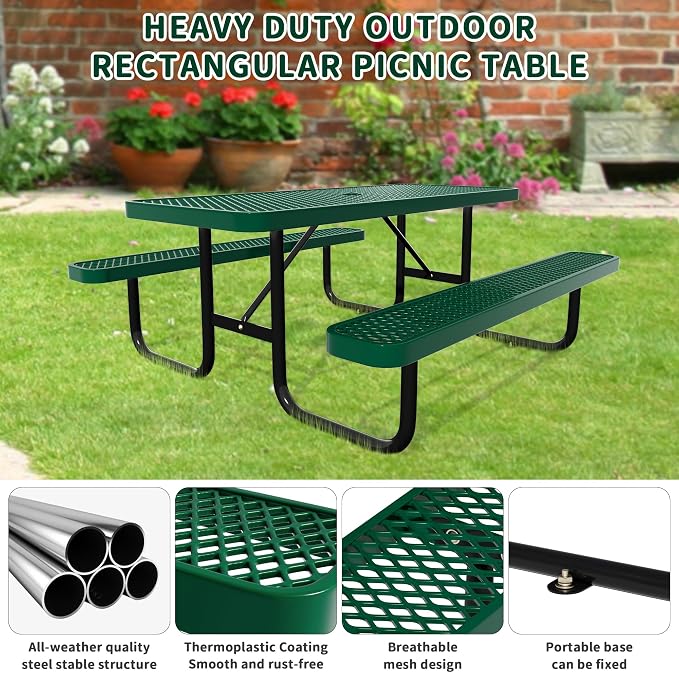 Picnic Tables for Outdoors,Commercial Metal Picnic Table Bench Set with Umbrella Hole,School Canteen Tables W/Seats - Heavy Duty Sturdy Picnic Tables Furniture for Patio Garden (Green, 4FT)