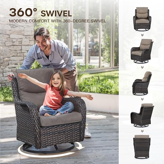 Patio Luxury Conversation Set 6PCS Resin Wicker Swivel Chairs Set, 4 Swivel Patio Chairs with Rattan Side Table and 30in Square Wicker Fire Table Set Brown Wicker|Grey Cushions
