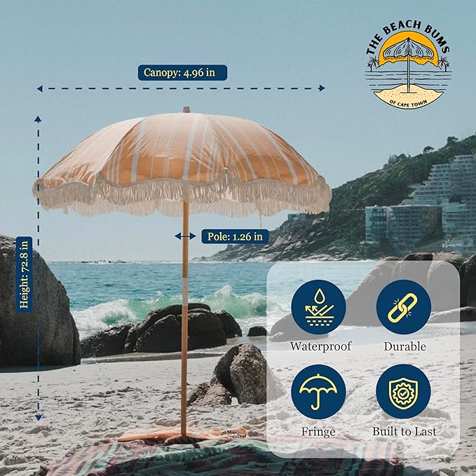 Beach Umbrella for Sand with Fringe Luxury Boho Outdoor Umbrella for Beach, Pool, or Garden, UPF 50+ Wood Shaft Fiberglass Fittings, metal screw tip Round with Carry Bag
