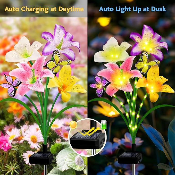 Solar Lights Outdoor, Gift for Women Mom Grandma Wife, 6 Pack 24 Solar Lily Flower Lights With 16 Butterfly Decor Solar Flower Lights Waterproof Outside Decor Stake Light for Landscape Yard Patio Lawn