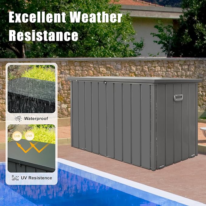 Domi Deck Box 200 Gallon Outdoor Storage Box, Large Metal Storage Cabinet Waterproof Lockable Container for Patio Furniture Cushions Garden Tools Pool-Supplies, Dark Grey