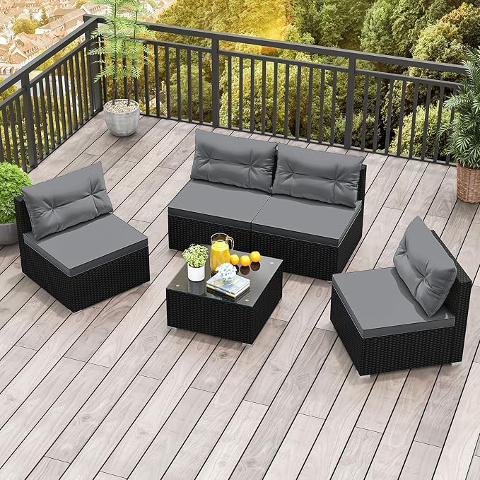 RELAX4LIFE 5-Piece Outdoor Patio Furniture Set, Rattan Sectional Sofa Set w/Glass-Top Coffee Table, Soft Seat & Back Cushions, Bistro Set for Garden Backyard Porch, Wicker Conversation Set (Grey)