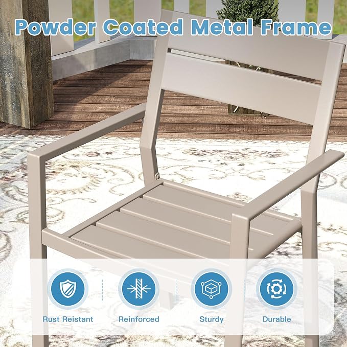 DIFY 5 Piece Outdoor Patio Dining Set for 4, Patio Table and Chairs Set with Umbrella Hole, 37.8" Square Dining Table and Stackable Metal Chairs for Backyard Poolside Deck, Grey Wood-Like & Sandshell