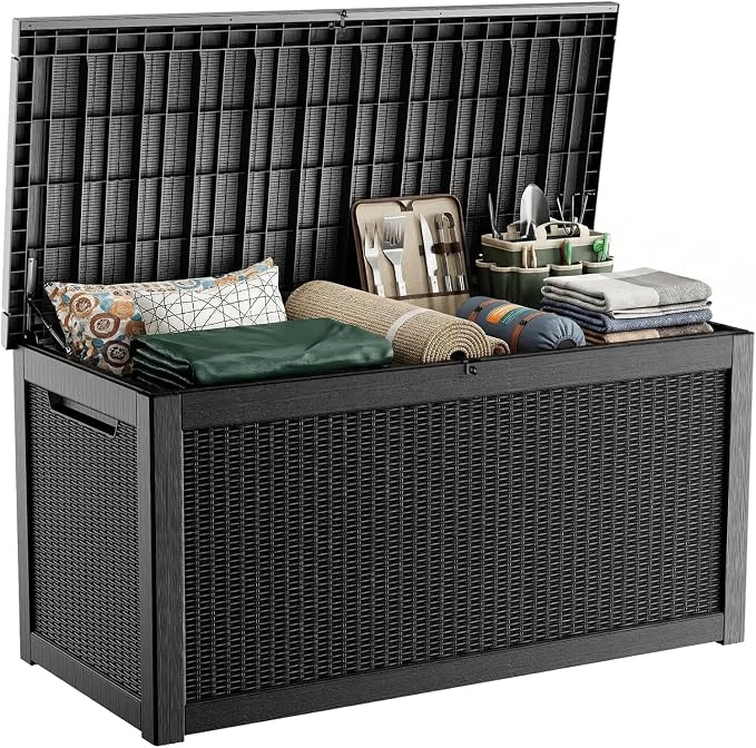 Outdoor Waterproof Resin Storage Deck Box Lockable Outside Bench UV Resistant Bin Patio Porch Furniture Pool Float Garden Tool Cushion (Black, 320 Gallon)