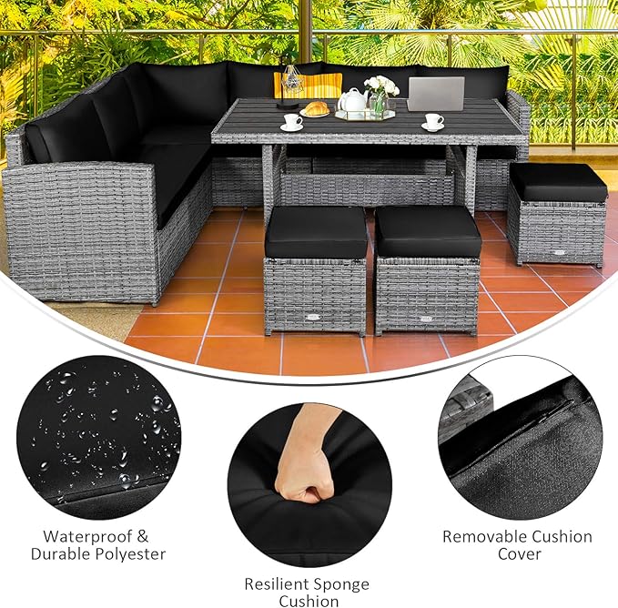 Tangkula 7 Pieces Patio Furniture Set, Outdoor Sectional Rattan Sofa Set with Cushions, All Weather Wicker Conversation Couch Set w/Dining Table & Ottomans for Backyard Garden Poolside (Black)