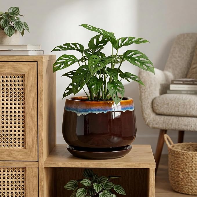 9 Inch Flower Pots - Ceramic Planter with Drainage Hole and Saucer, Decorative Ceramic Pots for Indoor Plants, Round Plant Pot, Garden Home Living Room Decor, Housewarming Gifts, Brown-Blue
