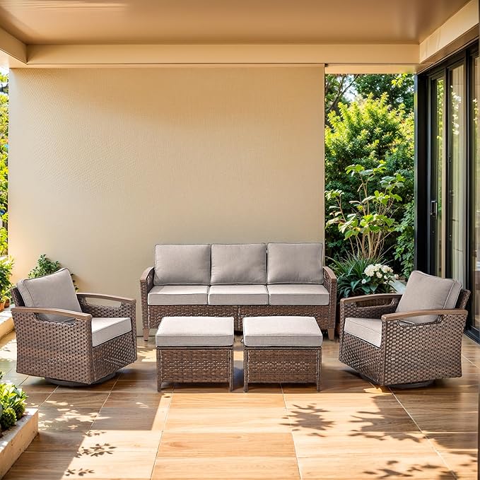 Luxury 5 Piece Heavy Duty Patio Furniture Set with Swivel Chair - All Weather Wicker Comfort Thick Cushion Outdoor Conversation Set with 3 Seat Sofa & Ottoman for Porch Poolside Deck - Beige