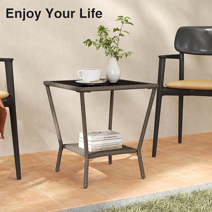 Kinfant Rattan Patio Side Table - Set of 2 Modern Wicker End Table, PE Rattan Coffee Table with Glass Top, Weather-Resistant Patio Furniture for Patio, Balcony, Garden, and Poolside (2, Sesame Brown)