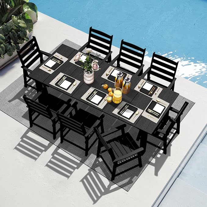 LOUNZY 9 Pieces Patio Dining Sets, 90'' Table Outdoor HDPE Furniture Set w/ 2" Hole Cut-Out Dining Table with 8 Patio Chairs for Lawn, Pool and Yard, Black