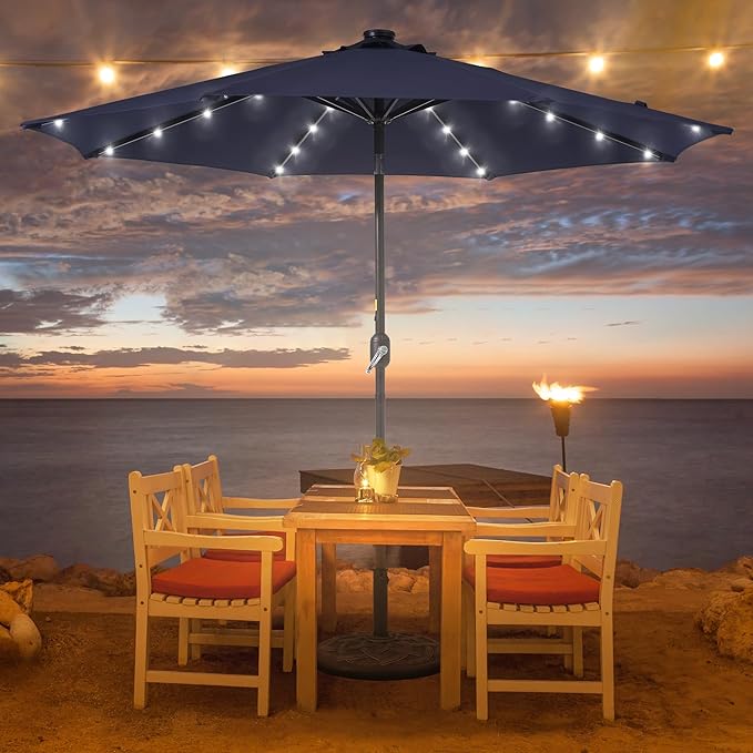 9ft Patio Umbrella Outdoor with Solar Lights,32 LED Lighted Table Market Umbrella with Tilt and Crank, 2-Year-Non-Fading, 8 Sturdy Ribs,for Pool, Deck, Garden,Backyard