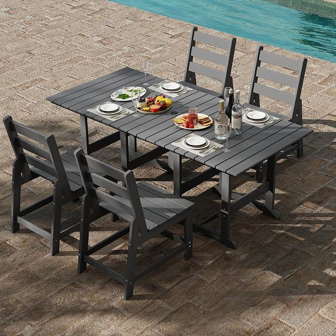GREENVINES 5-Piece-Outdoor-Table-and-Chairs | HDPE | Patio Furniture | Slatted Dining Sets for 4 | Armless Chair | Connectable Tables | All Weather | for Backyard Poolside Garden | Grey