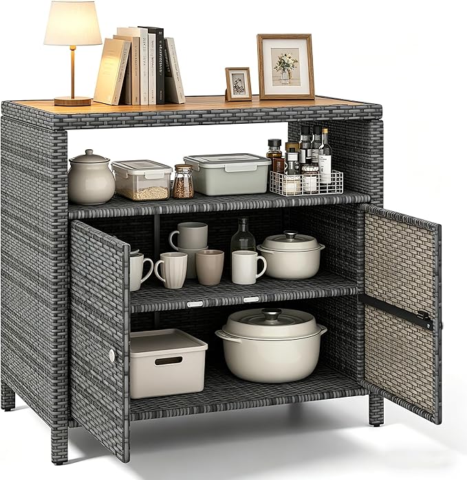 RELAX4LIFE Wicker Outdoor Bar Cabinet - PE Rattan Patio Bar Table w/Acacia Wood Countertop, Open Shelf & 2 Doors, Buffet Sideboard Organizer for Garden Backyard Pool, Outside Storage Cabinet (Grey)