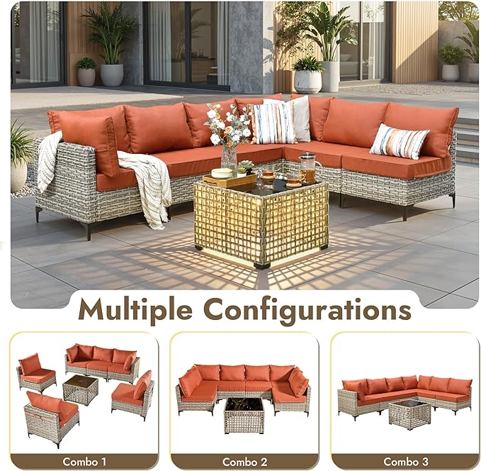 7 Pieces Patio Furniture Set with Solar Light Coffee Table, All-Weather Rattan Outdoor Sectional Conversation Sets L Shaped Sofas with Thick Cushions for Porch Balcony,Coarse Stripes Red