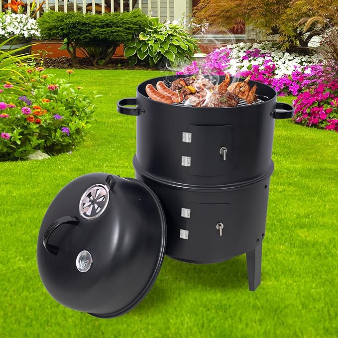 16 inch Vertical Charcoal Smoker, BBQ Grill, Fire Pit, 3-in-1 with Built-in Thermometer, Adjustable Air Vent, Idea for Parties, Backyard, Patio, Camping