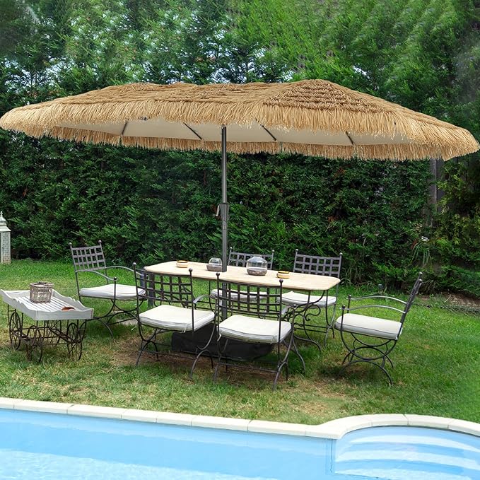 15 ft Patio Tiki Umbrella, Large Rectangle Outdoor Straw Umbrella with Matching Base for Market, Beach, Garden, Yard