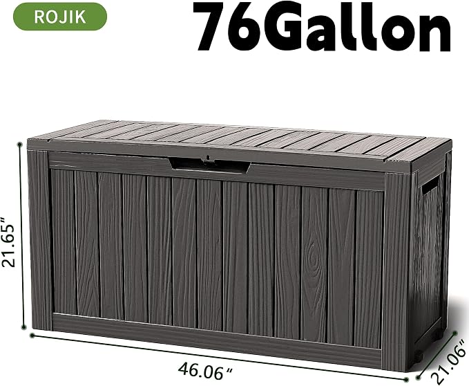 ROJIK Outdoor Storage Housing Deck Box - Waterproof Patio Furniture, Garden Tools, Cushions, Pool Accessories Storage Bench with Lockable Lid and Side Handles (Black 76 Gal)