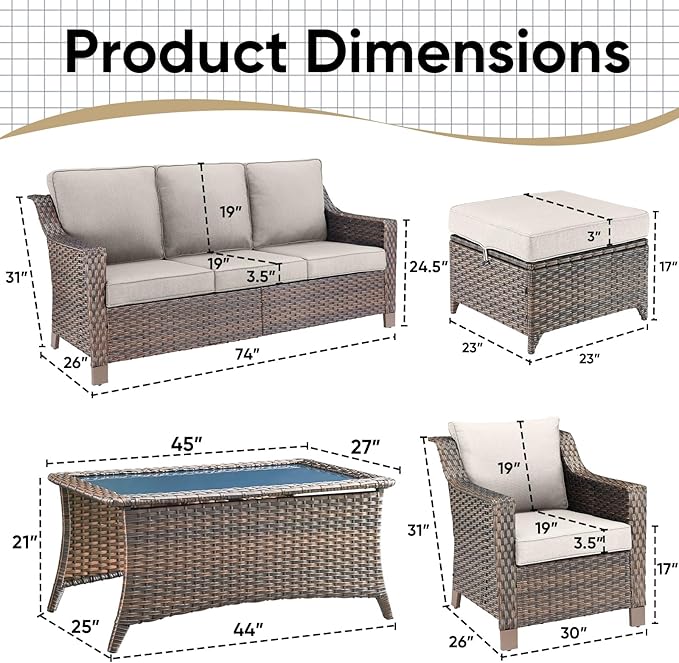 6 Pieces Outdoor Patio Furniture-High Back Rattan Wicker Couch with Outdoor Chairs Patio Conversation Sets for Porch Garden Backyard Poolside-Brown/Beige
