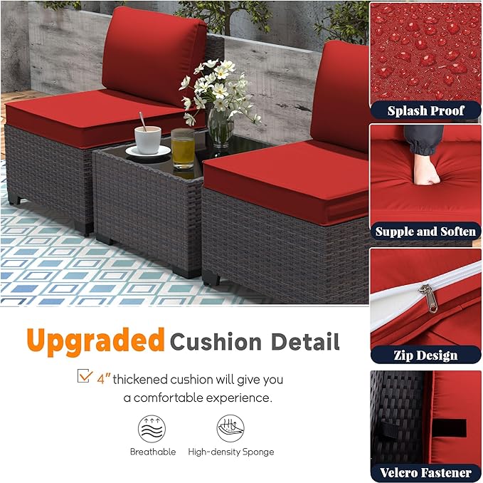 Patio Furniture Set 7 Pieces Outdoor Furniture Patio Conversation Set w/43in Aluminum Gas Fire Pit,PE Rattan Wicker 7 Pcs Outdoor Sofa Set w/55000 BTU Propane Fire Pit Table,Red