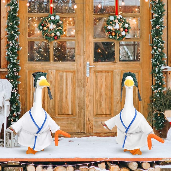 JcHrmers Cousin Porch Goose Outfits Christmas Lawn Porch Goose Clothes Robe Hat Water Pipe Fits 23" Cement Plastic Goose Statue for Halloween Christmas Outdoor Garden Yard Patio Statue Art Decor