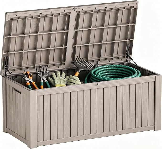 Outdoor Storage Deck Box, Large Patio Container for Garden Tools, Cushions and Yard Accessorie.Lockable Waterproof Resin Weatherproof Storage Container (Light Brown, 180 Gallon)