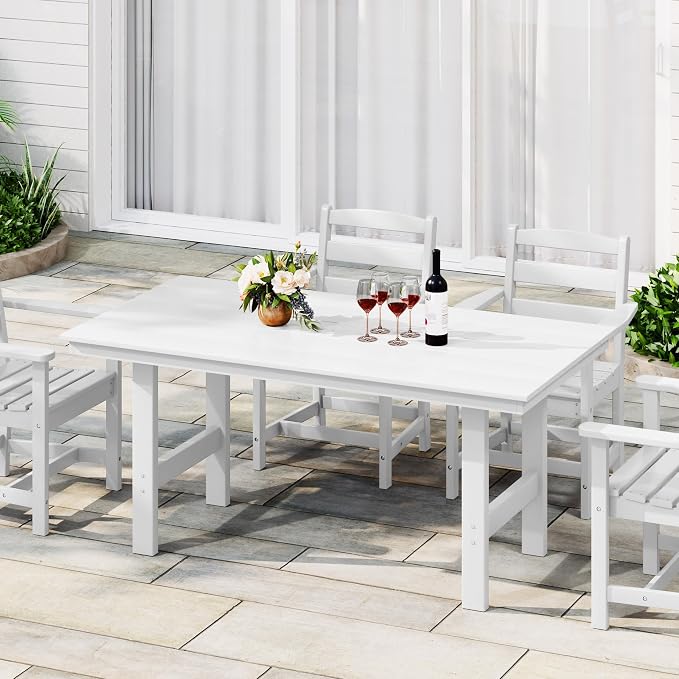 Costaelm Outdoor Patio Table, Outdoor Dining Table for 6, Weather Resistant Rectangle Patio Table with Umbrella Hole for Outside, Garden, Poolside, Porch, White