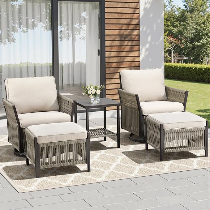 Patio Furniture Set Outdoor/Indoor, Wicker Patio Sofa, 5pcs Furniture Set with Swivel Rocker Chairs, Side Table, and Ottomans for Backyard, Garden, Poolside(Beige)
