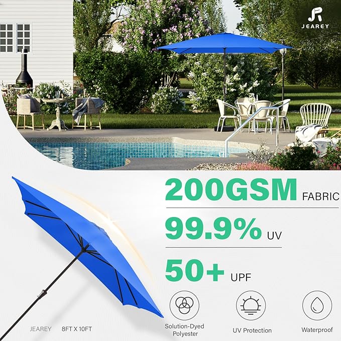 JEAREY 8x10 ft Rectangular Patio Umbrellas Outdoor Table Market Umbrella w/Crank, 8 Sturdy Ribs, UV Protection Windproof Sunproof for Garden, Deck, Backyard, Pool(Royal Blue)