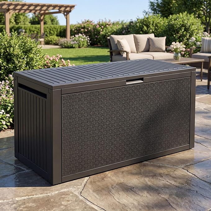 YITAHOME 95 Gallon Outdoor Storage Deck Box, Waterproof Resin Deck Box w/Handles, Lockable Outdside Deck Box for Patio Furniture, Garden Tools, Lockable & UV Resistant(Black)