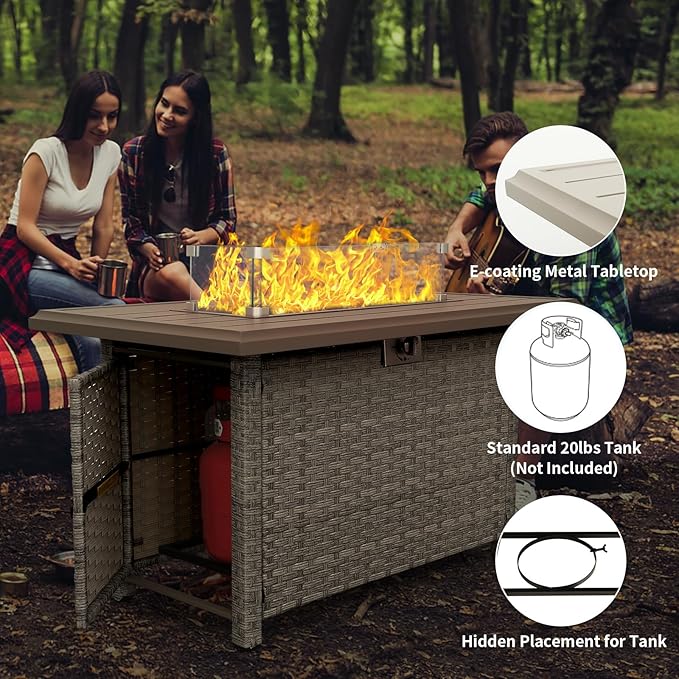 WAROOM Patio Furniture Set 6 Piece PE Rattan Outdoor Conversation Sets Grey Wicker Couch Sectional Sofa with Fire Pit Table and Peacock Blue Cushion