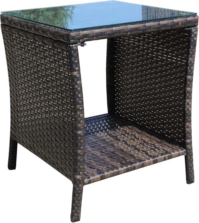 Outdoor Wicker Side Table, 19.25" Square Patio End Table with Tempered Glass Top & Storage Shelf, All-Weather Brown Rattan Coffee Table for Patio, Porch, Backyard, Poolside, Indoor & Outdoor Use