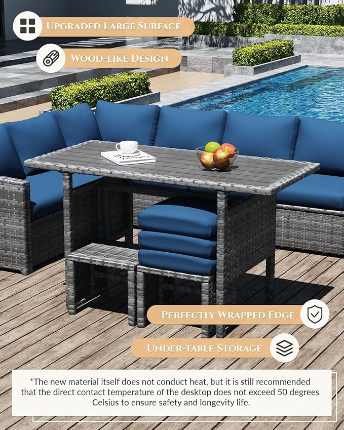 U-MAX 7 Pieces Patio Furniture Set, Outdoor Sectional Sofa Conversation Set, All Weather Wicker Rattan Dining Table & Chair with Ottoman, Grey Rattan&Dark Blue Cushion