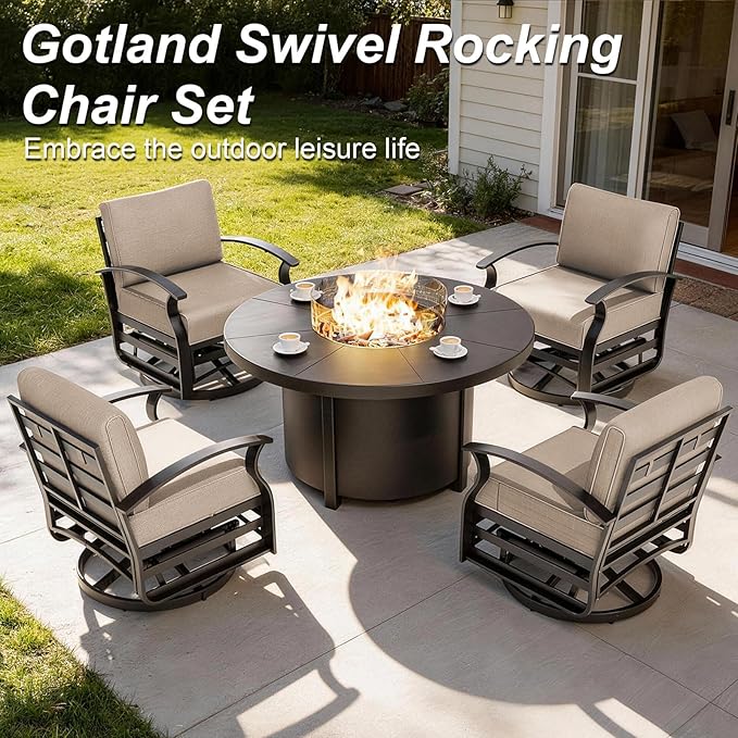 Gotland Outdoor Furniture, Metal Outdoor Swivel Chair with 5.1’’ High-Resilience Seat Cushions 6.2’’ Thick Back Pillow 29.5’’ Deep Seat Removable Cushions, Patio Furniture for Lawn, Porch, Khaki