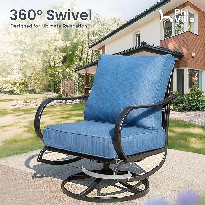 PHI VILLA 6 Pieces Patio Furniture Set with Firepit Table, 3-Seat Metal Outdoor Sofa, 2 x Swivel Sofa Chairs & 2 Ottomans, 5.75" Thick Cushioned Patio Conversation Set Backyard Furniture, Peacock Blue