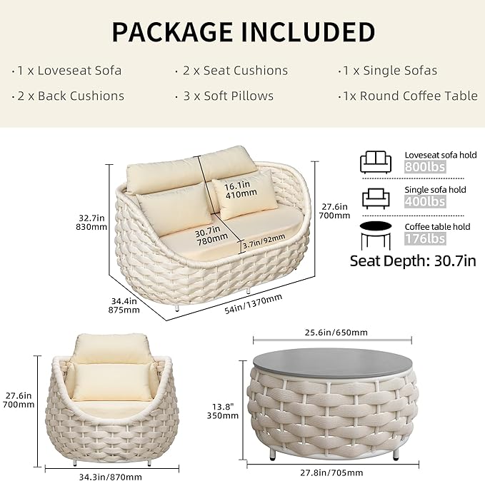 TWT Outdoor 4-Piece Conversation Set Rust Free Patio Furniture Set Already Assembled Compact-Weave Rope Olefin Modern Sofa Seating with Thick & Washable Cushions for Indoor, Backyard, Balcony, Cream