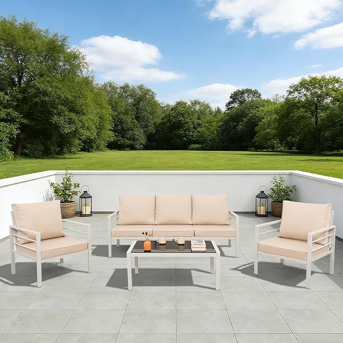 4-Piece Patio Furniture Set White Outdoor Metal Frame Sofa with High Backrest Seating Glass Coffee Table All-weather Metal Patio Conversation Set with Non-slip Cushions and Waterproof Covers, Khaki