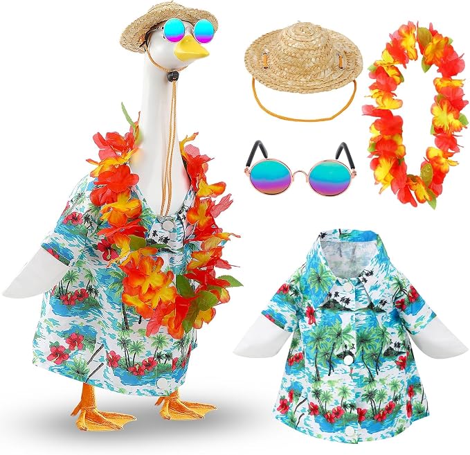 4 Pcs Hawaiian Porch Goose Outfit for 23 In Goose Statue Costume | Summer Porch Goose Outfits with Straw Hat Sunglasses and Lei, for 23 Inch Cement Goose, Luau Party Yard Garden Summer Decor