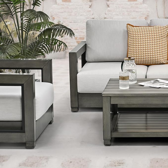 HAPPATIO Oversized Aluminum Patio Furniture Set, Outdoor Conversation Set 4 Pieces with Loveseat and Coffee Table, Extra Large Seat with Thicken Cushion for Backyard Poolside, Grey
