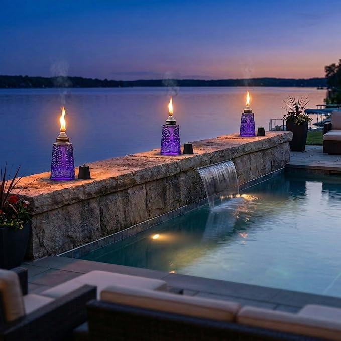 Seraphic Citronella Table Top Torches for Outdoor Patio, 16oz Decorative Glass Torch Citronella Candles for Outside Deck, Garden, Parties, Set of 3, Purple