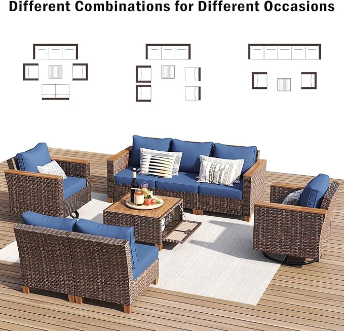 Outdoor Patio Sectional Furniture Set, 8-Piece Wicker Rattan Sofa Set with Thick Cushion, Patio Swivel Rocking Chairs Set of 2 with Acacia Storage Table, Conversation Set for Backyard (Blue+Brown/36)