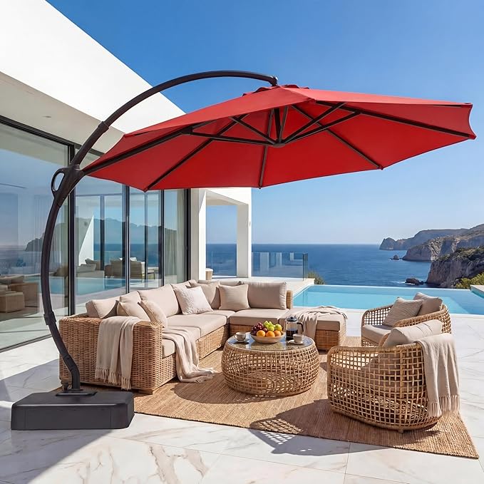 EO Living Outdoor Patio Umbrella with Base included, 11 FT Deluxe Curvy Cantilever Umbrella Heavy Duty Offset Hanging Umbrella with 360° Rotation for Pool, Garden, Backyard, Deck (Red)
