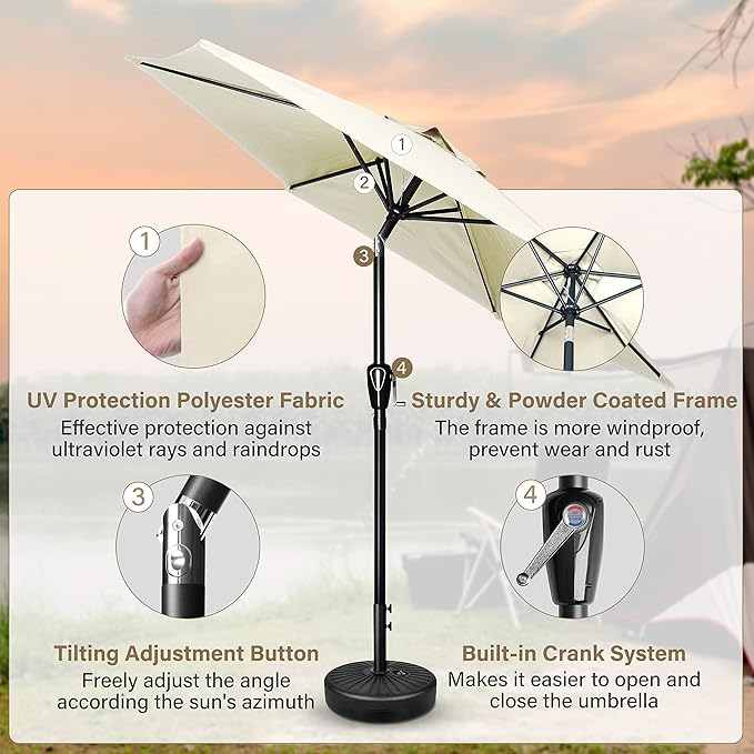 Simple Deluxe 7.5ft Patio Umbrella Outdoor Table Market Yard Umbrella with Round Umbrella Base Stand for Garden, Deck, Backyard, Pool, Beige