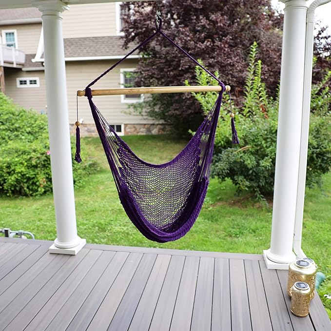 Bliss Hammocks BHC-412PR Island Rope Hammock Chair, Eco Friendly & Hand-Woven Cotton, Varnish Coated 40 Inch Wood Spreader, Easy to Hang w/Included Hanging Kit, Supports up to 265LBS, Purple Rope