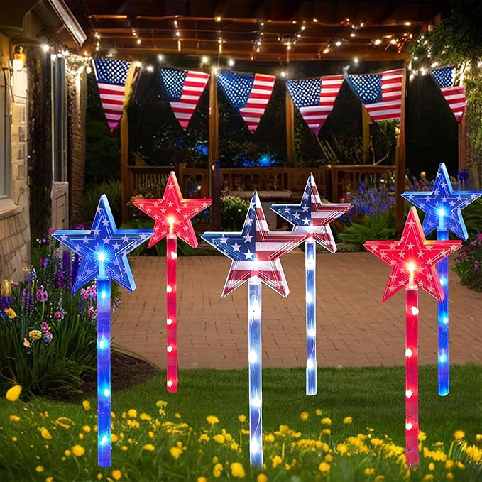 4th of July Decorations Outdoor Red White and Blue Pathway Lights, 6 Pack Flag Star Stake Lights for Independence Day Memorial Day Patriotic American Flag Decor Outside Landscape Garden Yard Lawn