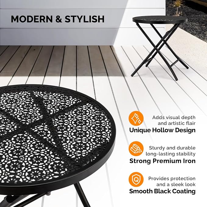 Folding Small Outdoor Side Tables, Patio Folding Side Table, Anti Rust Small Patio Table Round Metal Nightstand with Flower Cutouts for Porch Yard Balcony Deck Lawn