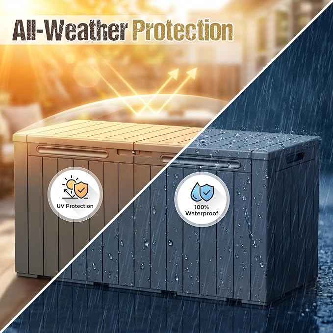 110 Gallon Deck Box Outdoor Indoor Waterproof Storage Box for Patio Furniture, Pool Accessories, Garden Tools, and Cushion Storage, Brown