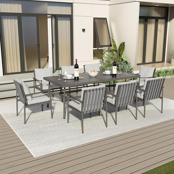 9-Piece Outdoor Dining Set for 8, Aluminum Dining Set with Cushions, 8 Dining Chairs with Rope Backrest, Large Rectangular Table with Umbrella Hole,Patio Dining Set for Porch Yard Deck,Grey