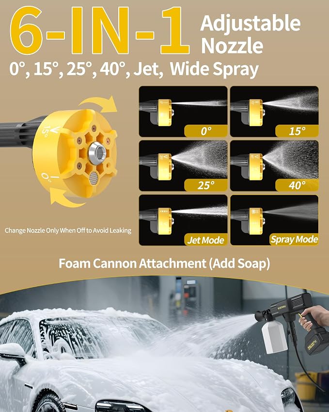 Cordless Portable Washer, 1100 PSI Battery Operated Washer with All-Copper Motor, Battery, 23FT Elastic Hose, Storage Bag; Handheld Washer; Lightweight Car Washer for Home, Garden (Tough Yellow)