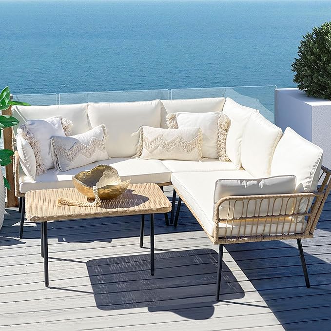 YITAHOME 4 Pieces Patio Furniture Set, Outdoor Rattan Woven Conversation Sectional L-Shaped Sofa with 5 Seater for Backyard, Porch, Boho Detachable Lounger with Cushions and Side Table - Beige