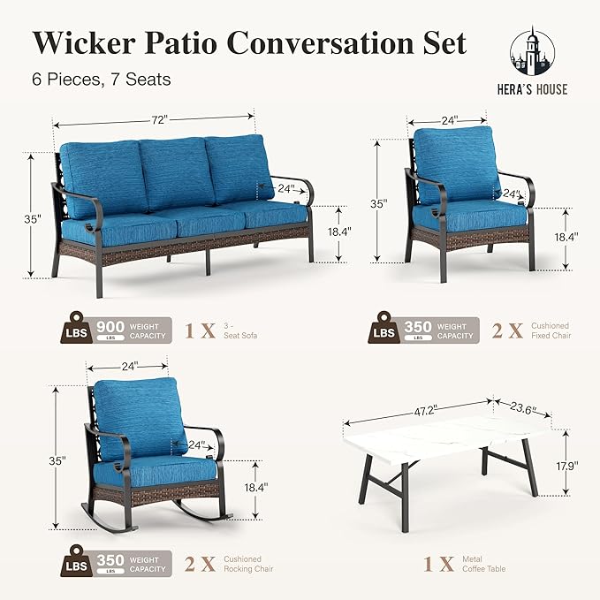 HERA'S HOUSE 6 Piece Metal Patio Furniture Set, All Weather Outdoor Conversation Set with 3-Seat Sofa, 2 Rocking Chairs, 2 Fixed Chairs & Coffee Table, 7 Seats for Backyard, Garden, Deck, Pacific Blue